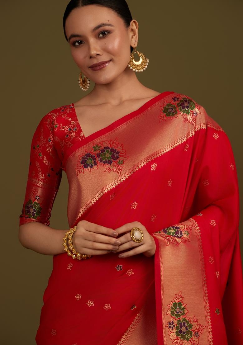Red Woven Silk Saree Set - Indya