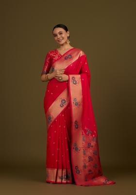 Pink Woven Silk Saree Set