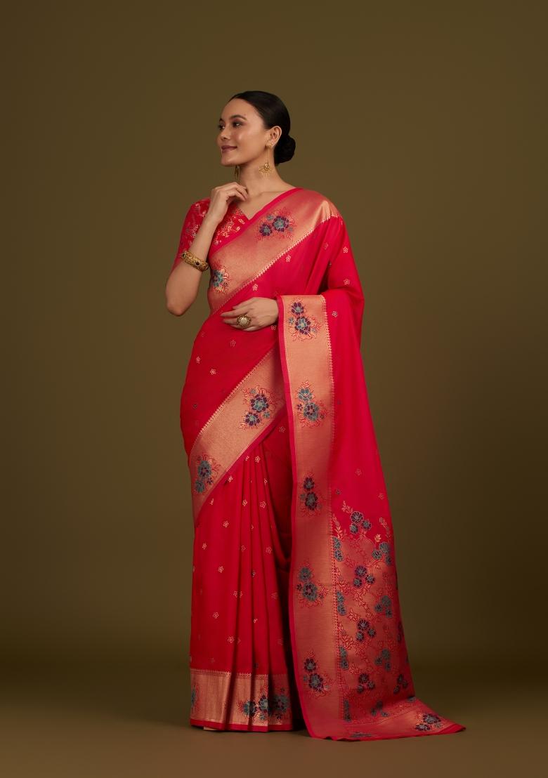 Pink Woven Silk Saree Set - Indya