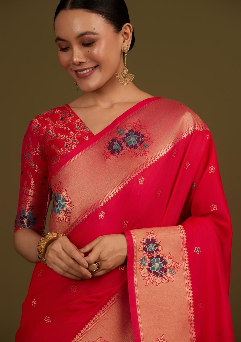 Pink Woven Silk Saree Set - Indya