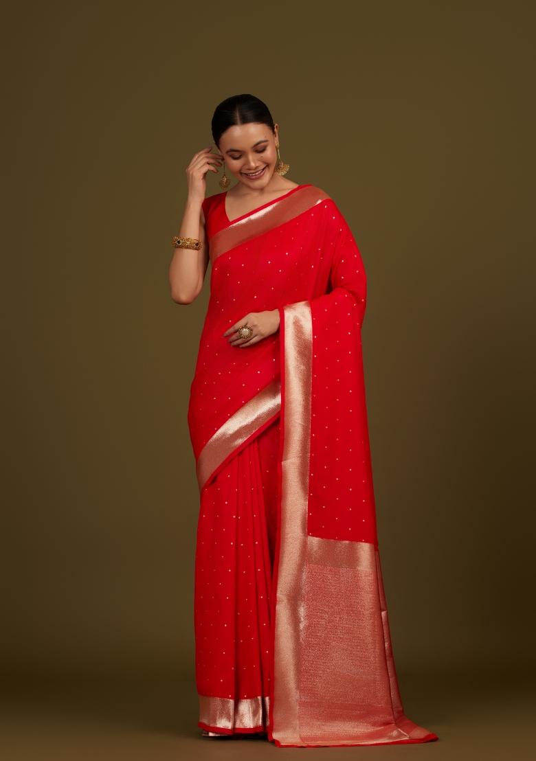 Red Woven Silk Saree Set - Indya