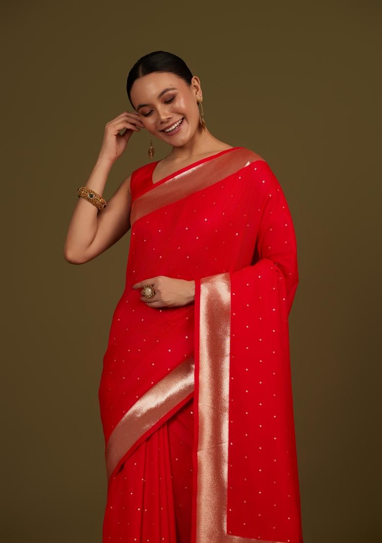 Red Woven Silk Saree Set - Indya