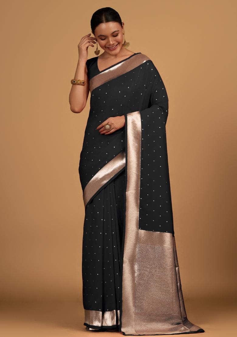 Black Woven Silk Saree Set - Indya