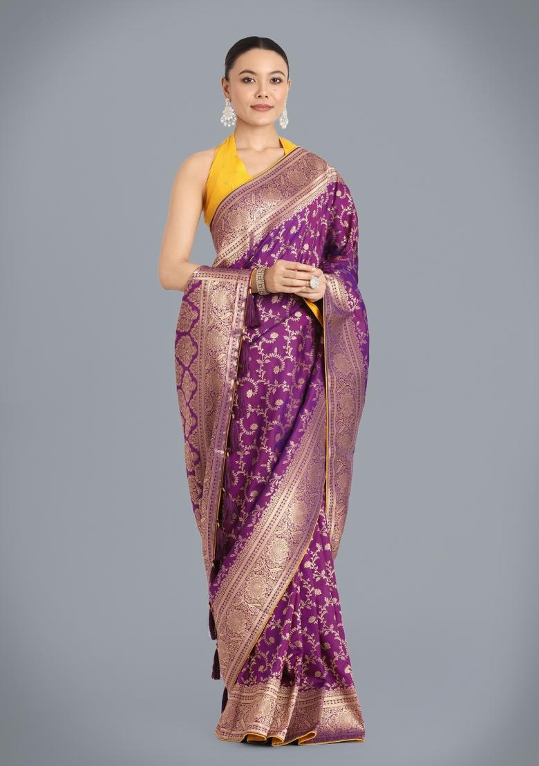 Wine Woven Silk Saree Set - Indya