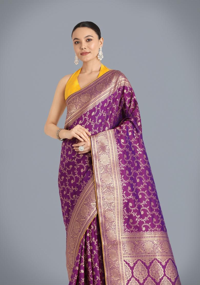 Wine Woven Silk Saree Set - Indya