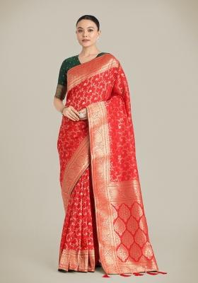 Red Woven Silk Saree Set