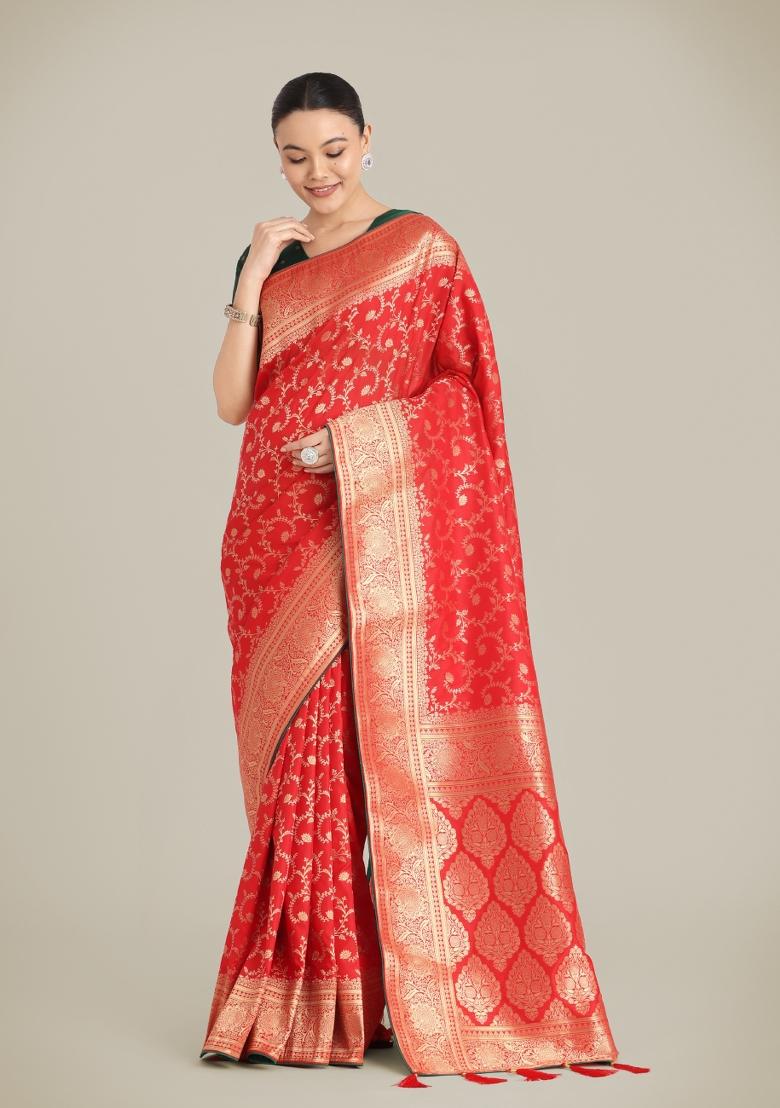 Red Woven Silk Saree Set - Indya
