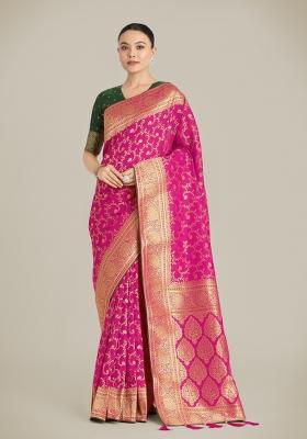 Pink Woven Silk Saree Set