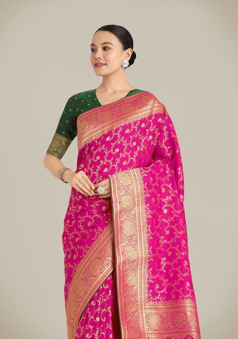 Pink Woven Silk Saree Set - Indya