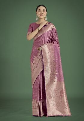 Onion Pink Woven Silk Saree Set