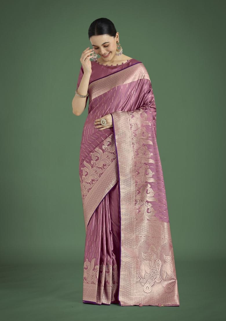Onion Pink Woven Silk Saree Set - Indya