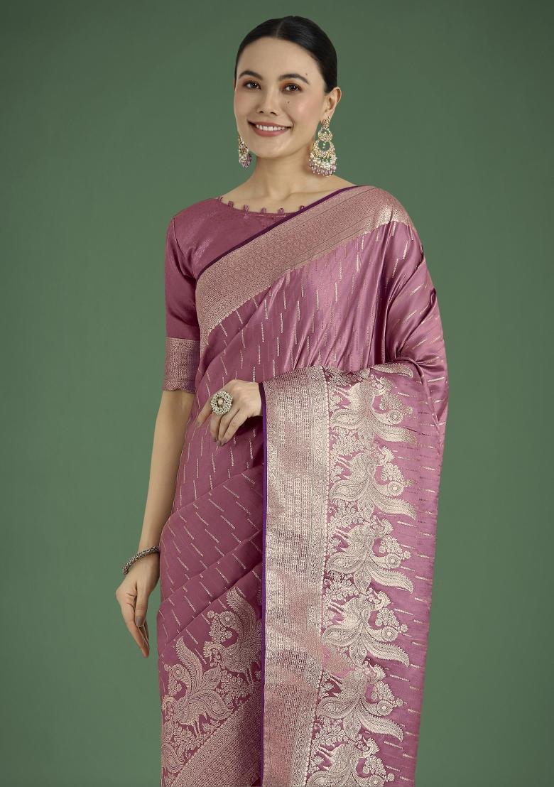 Onion Pink Woven Silk Saree Set - Indya