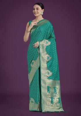 Teal Woven Silk Saree Set