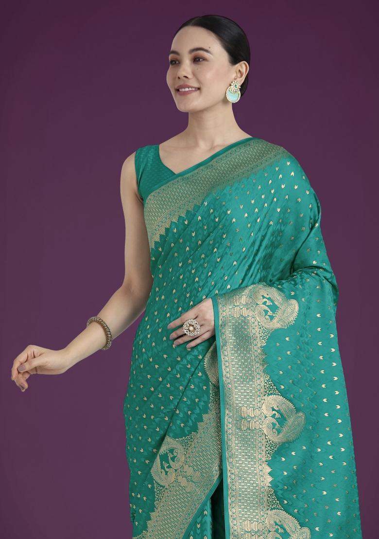 Teal Woven Silk Saree Set - Indya