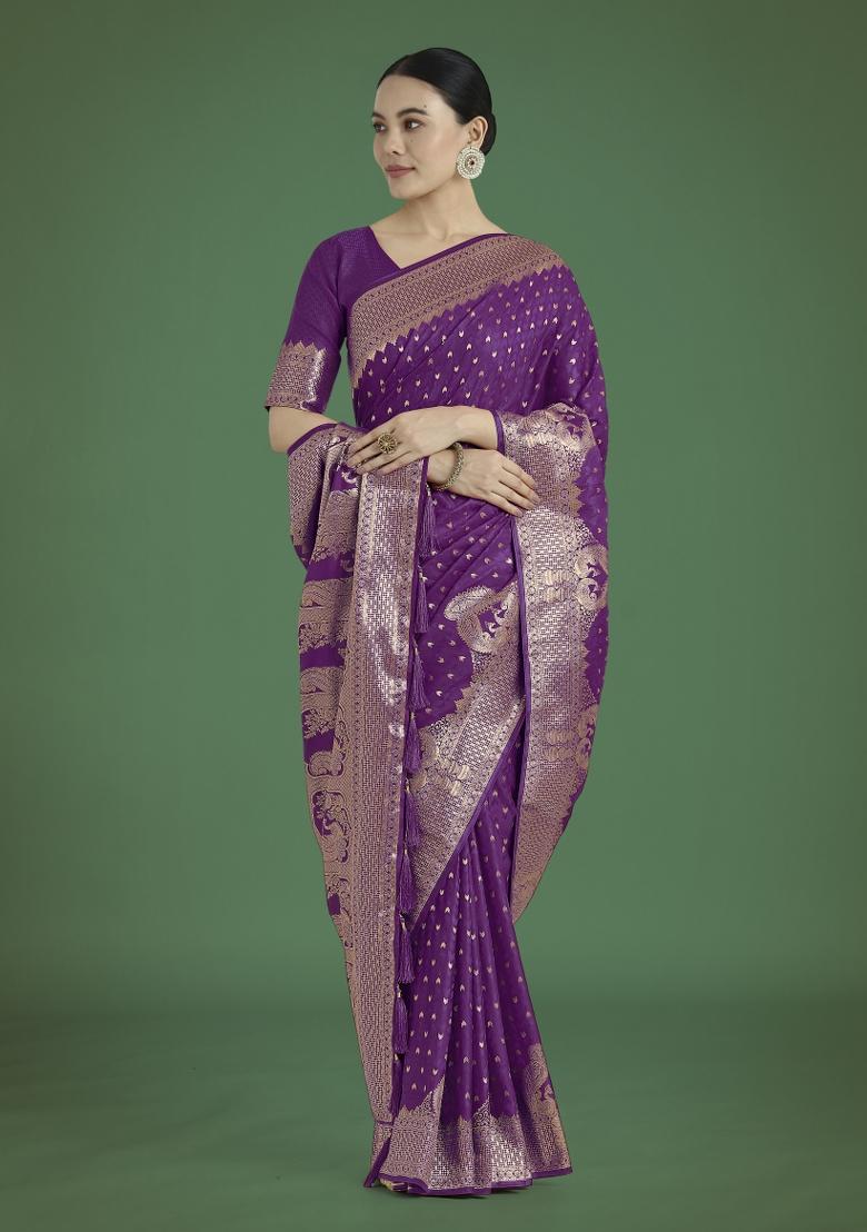 Wine Woven Silk Saree Set - Indya
