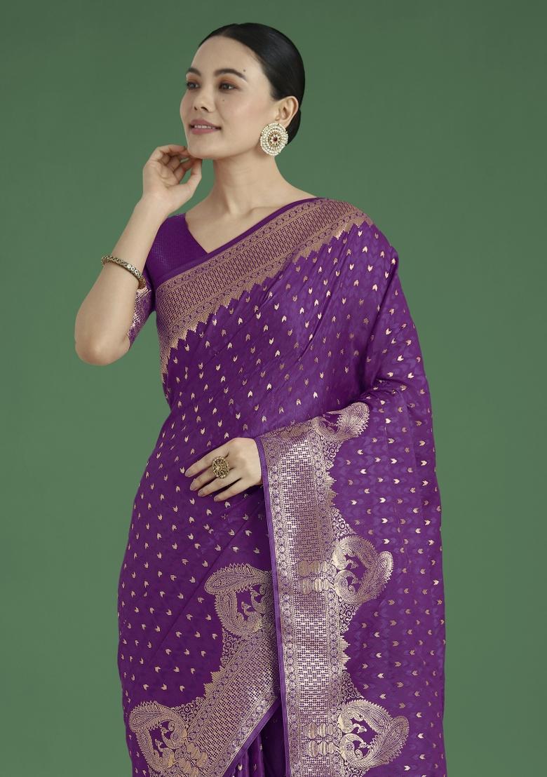Wine Woven Silk Saree Set - Indya