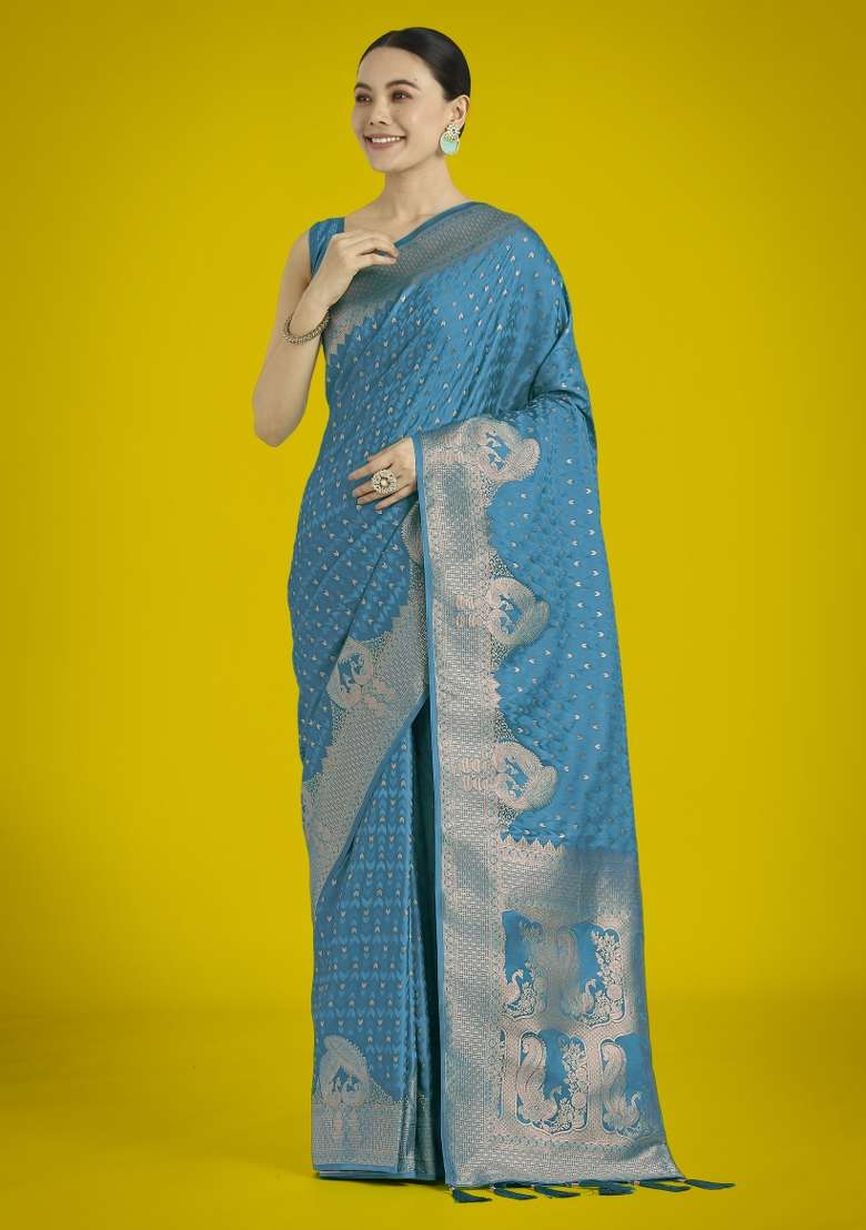 Turquoise Woven Silk Saree Set for Diwali and Festive Wear - Indya