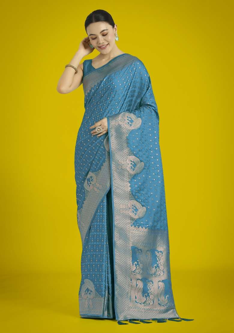 Turquoise Woven Silk Saree Set for Diwali and Festive Wear - Indya