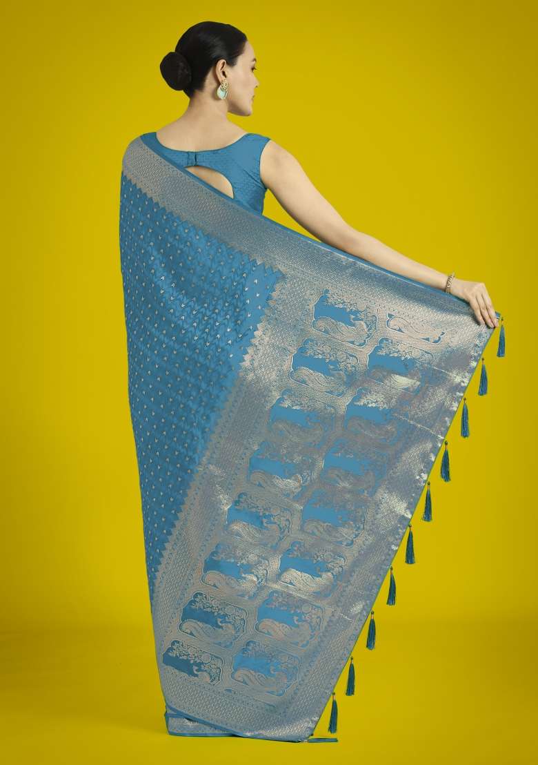 Turquoise Woven Silk Saree Set for Diwali and Festive Wear - Indya