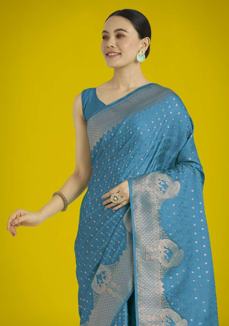 Turquoise Woven Silk Saree Set for Diwali and Festive Wear - Indya