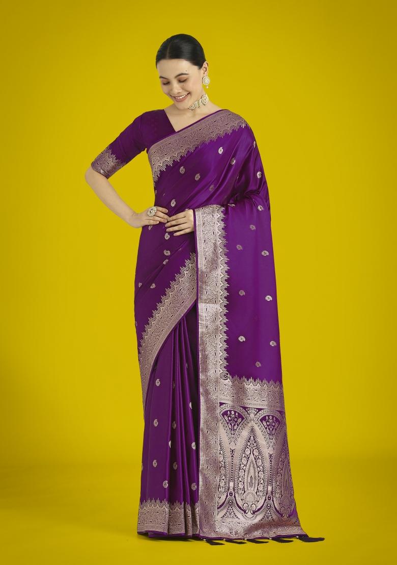 Wine Woven Silk Saree Set - Indya