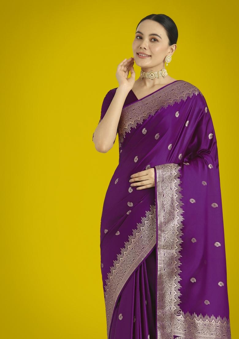 Wine Woven Silk Saree Set - Indya