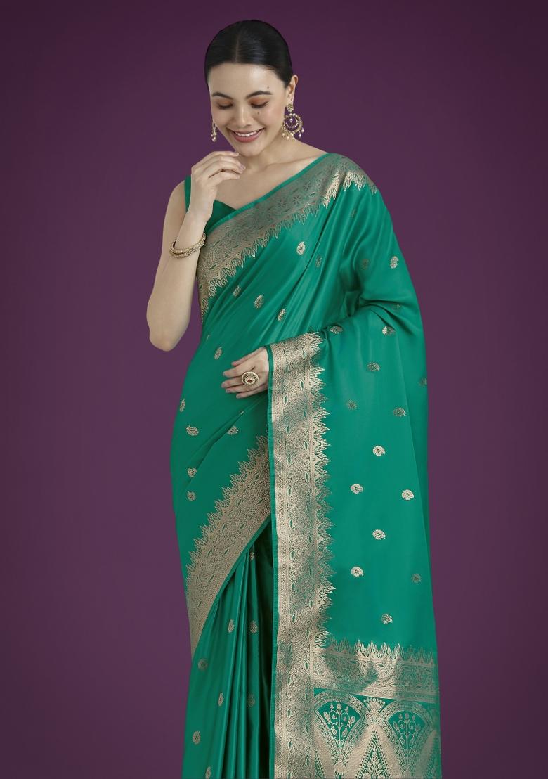 Teal Woven Silk Saree Set - Indya