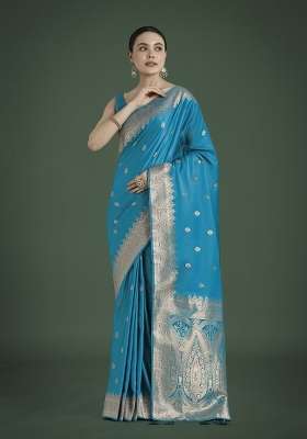 Turquoise Woven Silk Saree Set