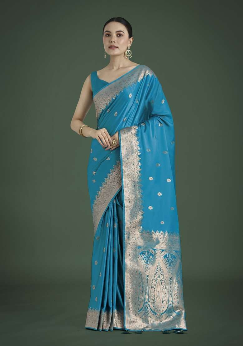 Turquoise Woven Silk Saree Set - Indya