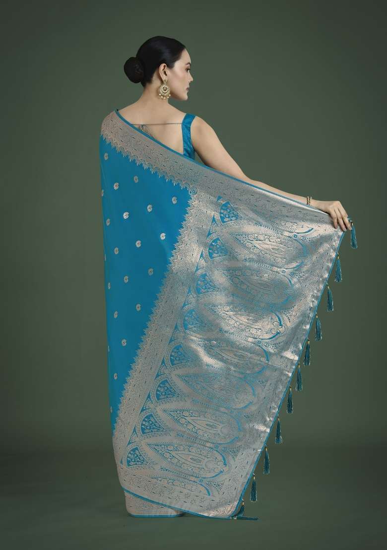 Turquoise Woven Silk Saree Set - Indya