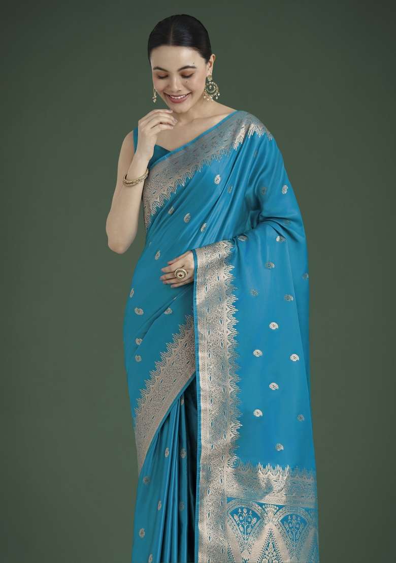 Turquoise Woven Silk Saree Set - Indya