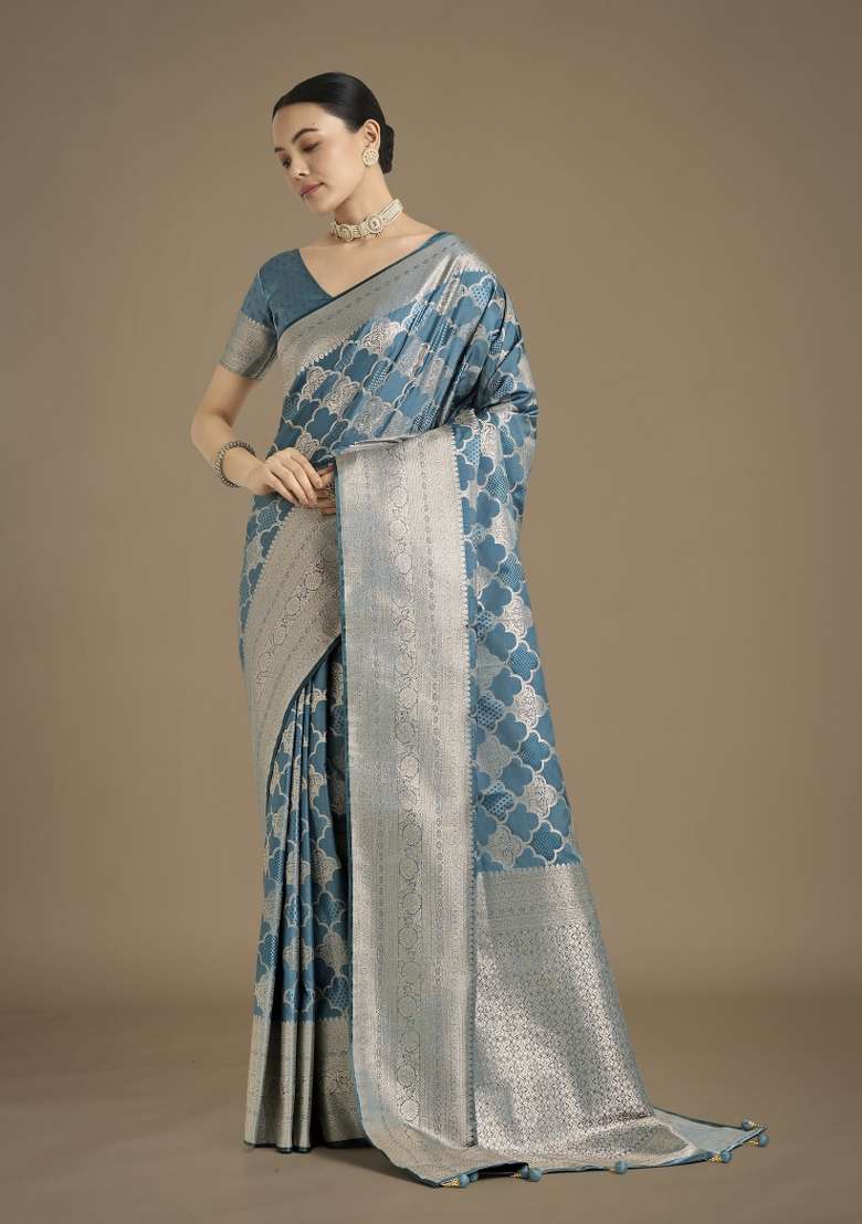 Turquoise Woven Silk Saree Set for Diwali | Wedding & Festive Wear - Indya