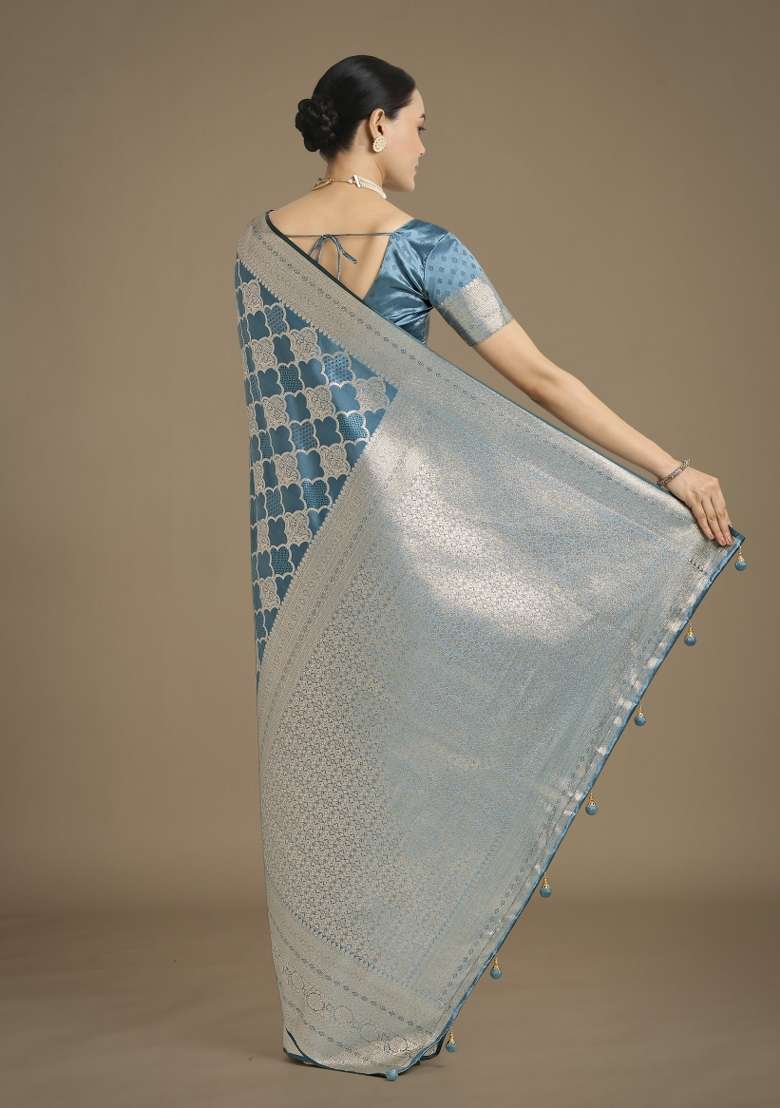 Turquoise Woven Silk Saree Set for Diwali | Wedding & Festive Wear - Indya