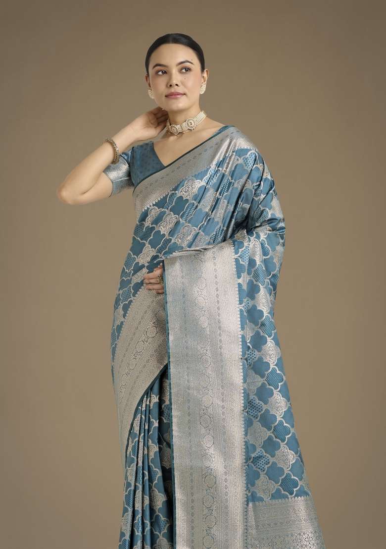 Turquoise Woven Silk Saree Set for Diwali | Wedding & Festive Wear - Indya