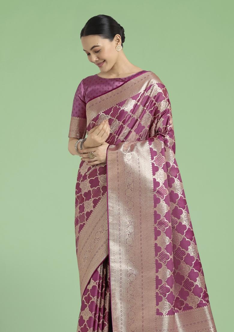 Onion Pink Woven Silk Saree Set - Indya