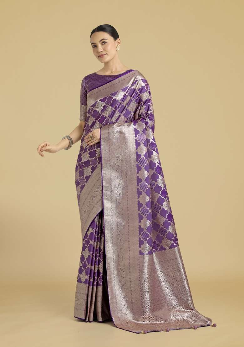 Purple Woven Silk Saree Set - Indya