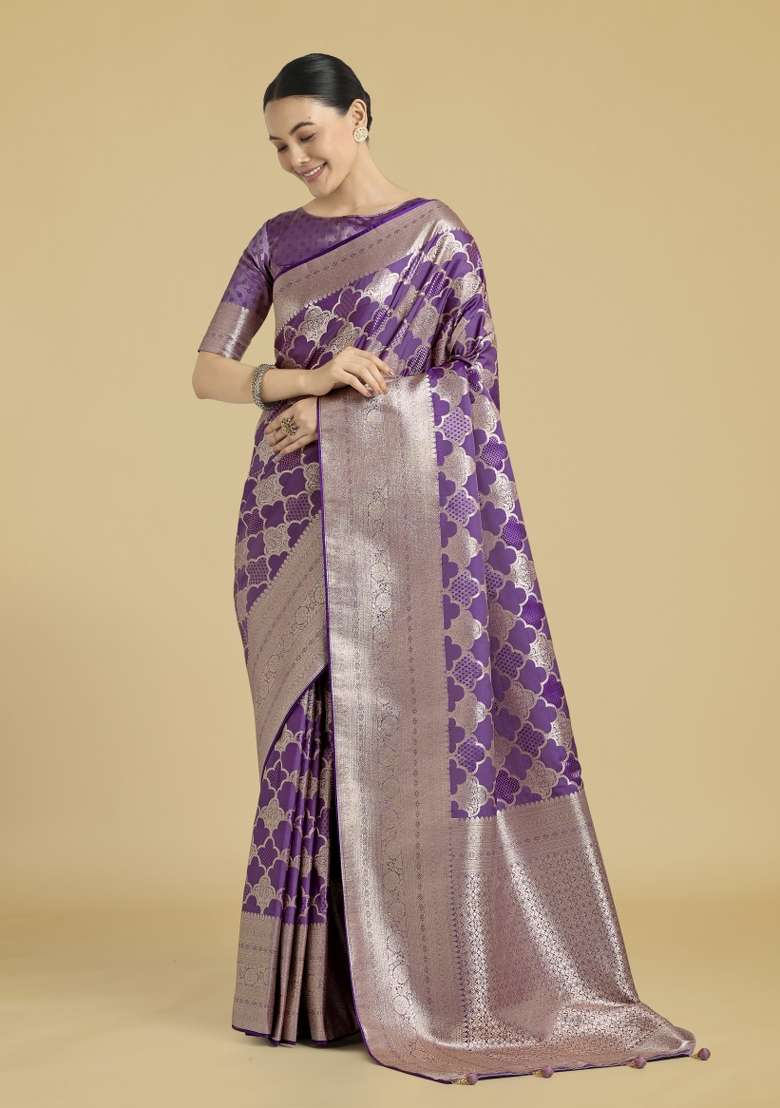 Purple Woven Silk Saree Set - Indya