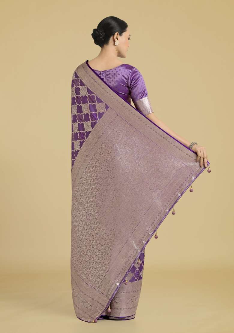 Purple Woven Silk Saree Set - Indya
