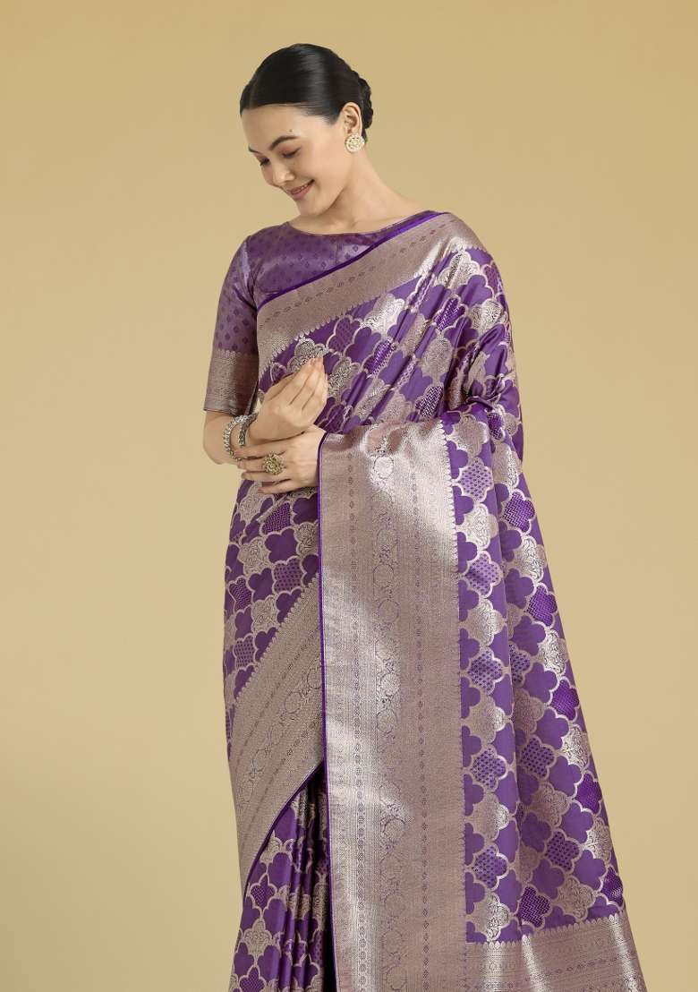 Purple Woven Silk Saree Set - Indya
