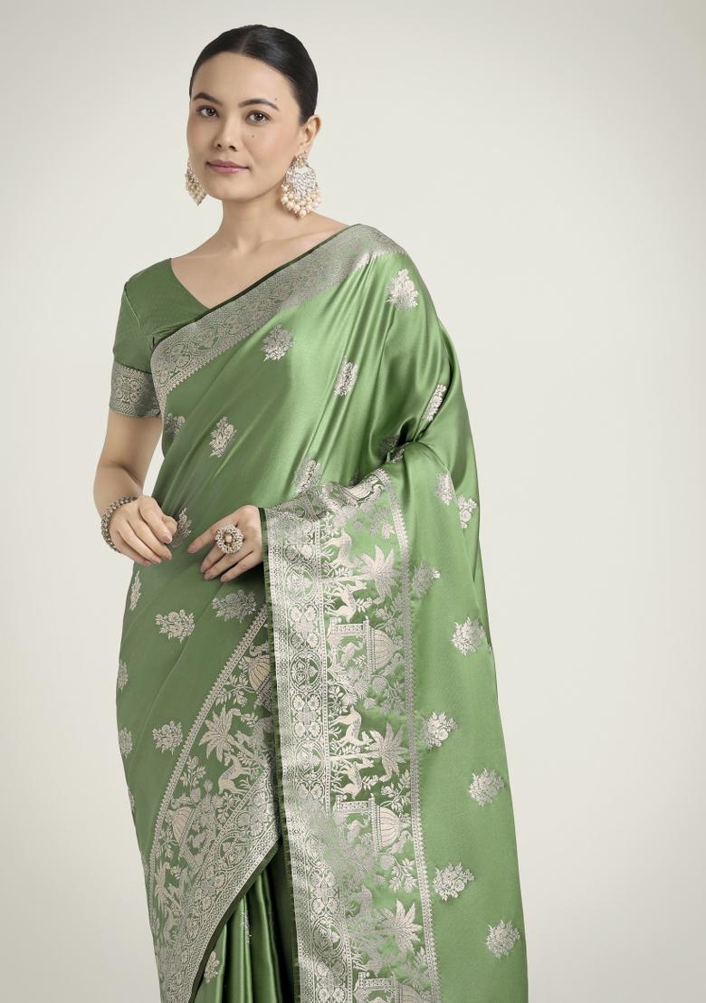 Light Green Woven Silk Saree Set - Indya