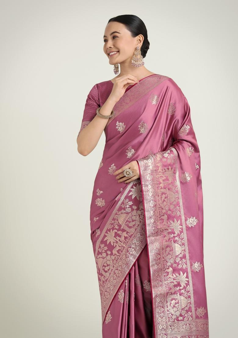 Onion Pink Woven Silk Saree Set - Indya