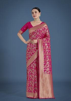 Pink Woven Silk Saree Set