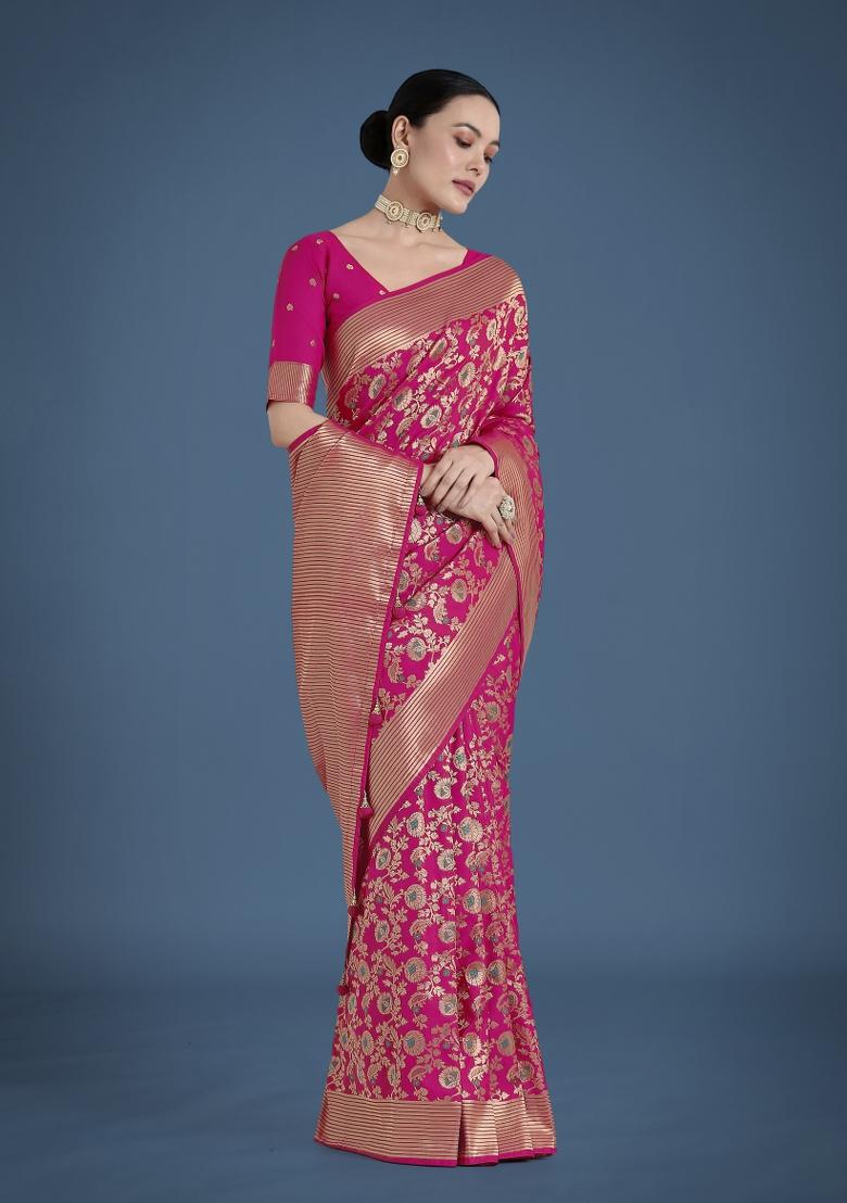 Pink Woven Silk Saree Set - Indya
