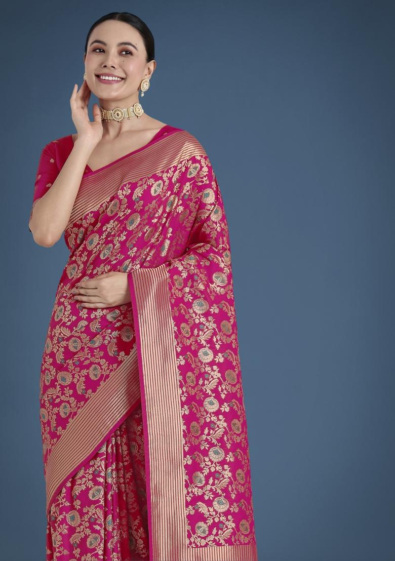 Pink Woven Silk Saree Set - Indya