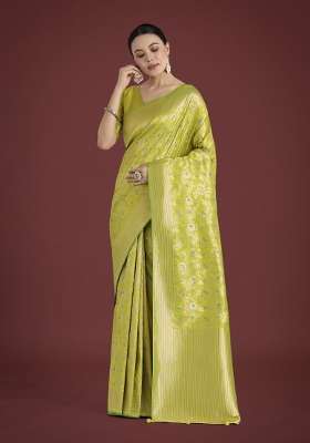 Parrot Green Woven Silk Saree Set