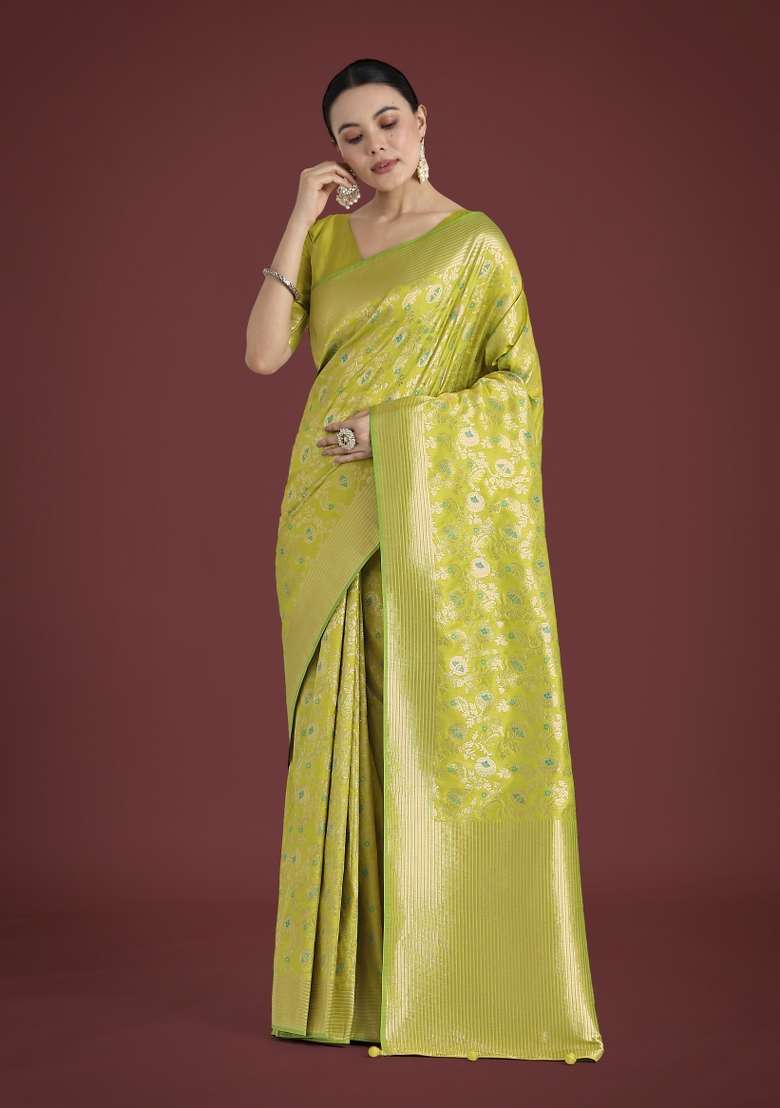 Parrot Green Woven Silk Saree Set for Diwali and Festive Wear - Indya