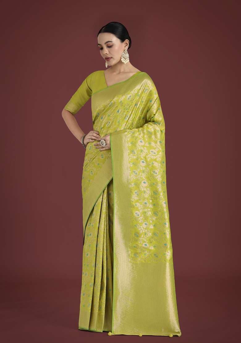 Parrot Green Woven Silk Saree Set for Diwali and Festive Wear - Indya