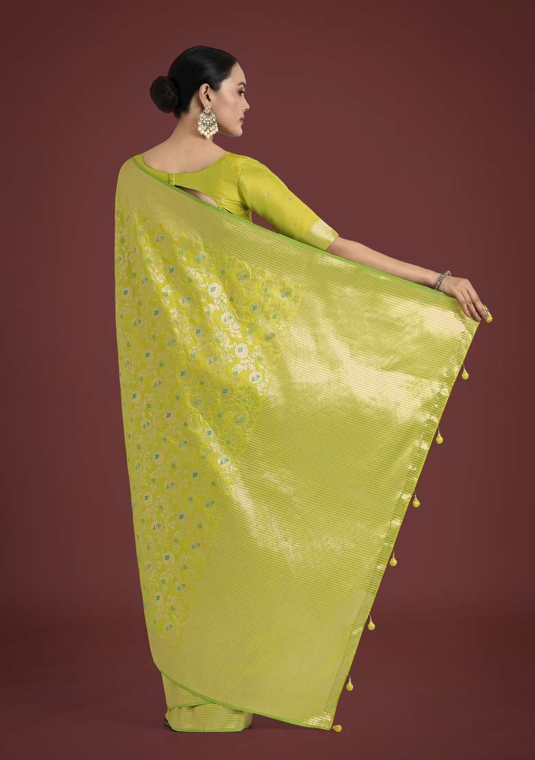 Parrot Green Woven Silk Saree Set for Diwali and Festive Wear - Indya