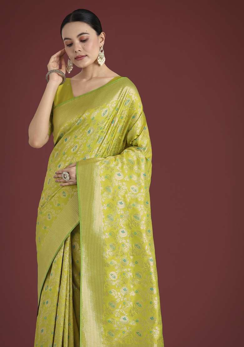 Parrot Green Woven Silk Saree Set for Diwali and Festive Wear - Indya