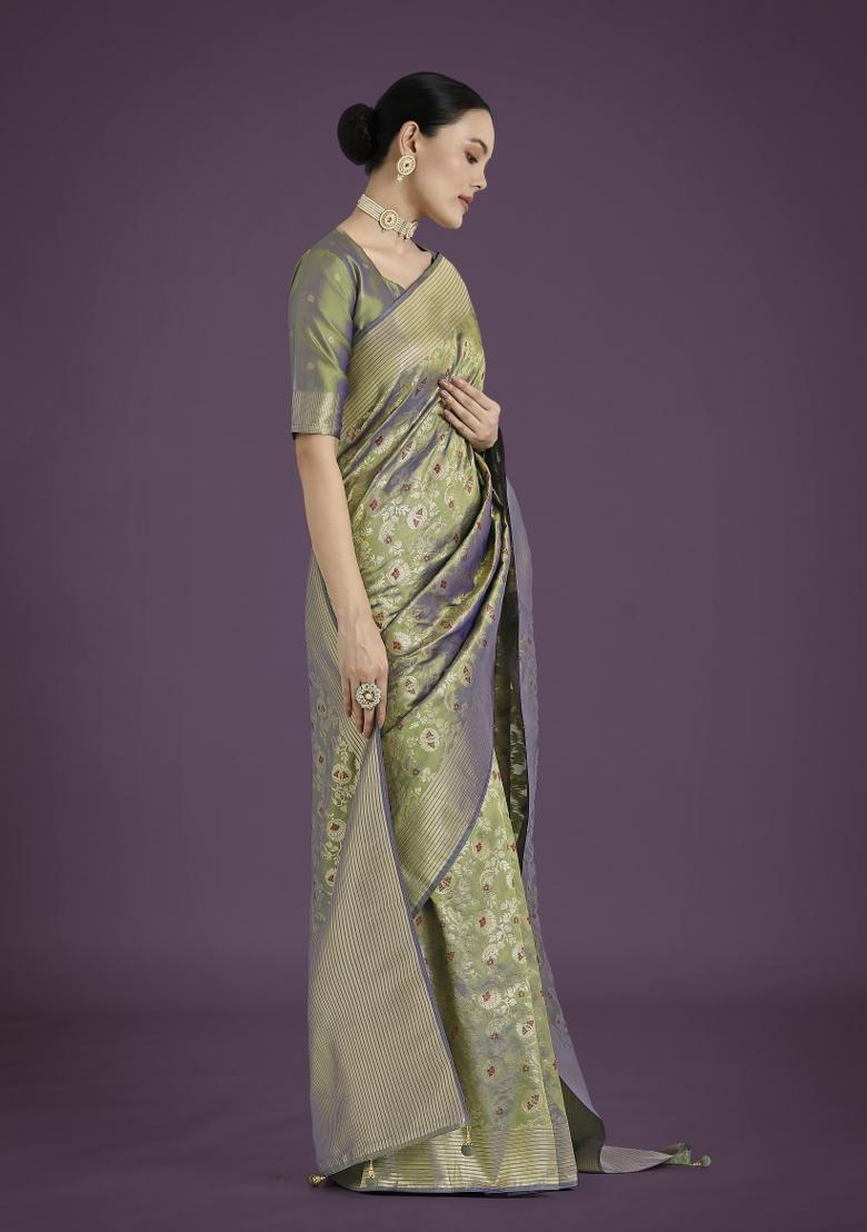 Light Green Woven Silk Saree Set - Indya